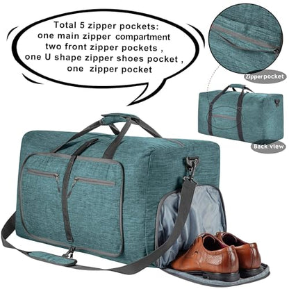 Vomgomfom 65L/85L/115L Foldable Travel Duffle Bag, Lightweight Checked Luggage with Shoe Compartment, Water-Resistant Weekender Overnight Bag for Men & Women - color: F Green, size: 65L