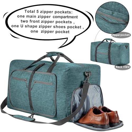 Vomgomfom 65L/85L/115L Foldable Travel Duffle Bag, Lightweight Checked Luggage with Shoe Compartment, Water-Resistant Weekender Overnight Bag for Men & Women - color: F Green, size: 85L
