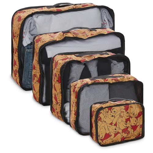 Disney Minnie Mickey Stitch Packing Cubes - Winnie the Pooh, Princess Cinderella, Cars, Toy Story 5 Piece Packing Cubes Compression - Travel Essential - Luggage Suitcase Organizer Set - color: Gold