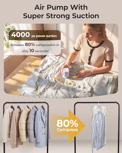 BAGSMART 4 Pack Hanging Vacuum Storage Bags for Clothes, Space Saver Bags for Closet Organization, Air-tight Vacuum Sealer Bags for Heavy Coats, Suits, Dresses, Jackets, Hand Pump Included - size: 4 Combo Hanging