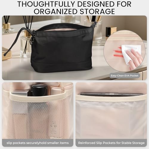 HauteHues Travel Makeup Bag for Women Large Capacity Cosmetic Handheld Portable Organizer Large Opening Waterproof Storage Toiletry Bags Black - color: Black