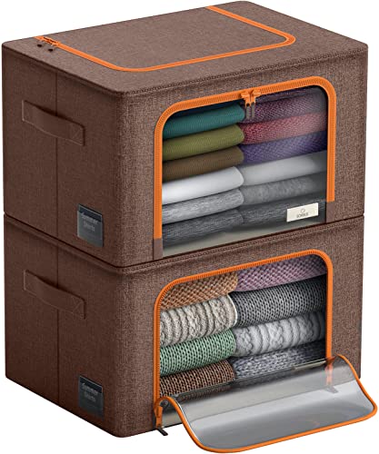 Sorbus Storage Bins with Metal Frame - Stackable & Foldable Clothes Organizer Bags - Oxford Fabric Storage Containers with Large Clear Window & Carry Handles Organization for Bedding Linen & Clothing - color: Brown, size: 2 Pack