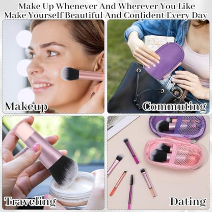 10 Pcs Mini Travel Makeup Brushes Set with Pouch, Short Handle Makeup Brushes for Women Girls Portable Full Complete Function Cosmetic Kit Brush Blush Powder Eye Shadow - color: Purple