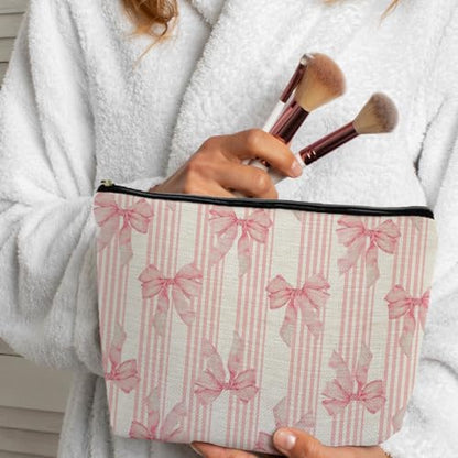 Coquette Pink Bow Makeup Bag, Coquette Gifts Supplies Cosmetic Bags for Women, Pink Preppy Striped Canvas Cheer Zipper Makeup Bag Pouches for Purse - color: Pink Bow