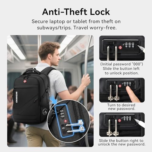 CROSSGEAR 30L Laptop Travel Backpack for Men, 17.3 Inch Laptop Backpack with Anti-theft Lock, Water Resistant Backpack with USB Charging Port, Large Laptop Bag Backpack for Work School Travel, Black