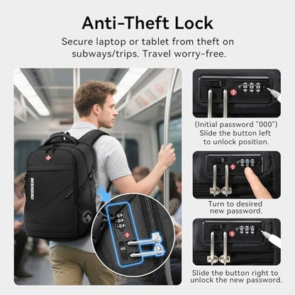 CROSSGEAR 30L Laptop Travel Backpack for Men, 17.3 Inch Laptop Backpack with Anti-theft Lock, Water Resistant Backpack with USB Charging Port, Large Laptop Bag Backpack for Work School Travel, Black