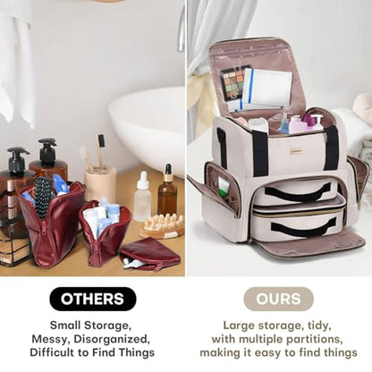 BAFAMYE Large Makeup Cosmetic Bag with 2 Removable Case, Double Layer Travel Makeup Organizer Case, travel Toiletry Bag For Women - color: Khaki