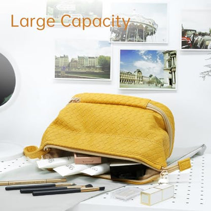 Abiudeng Large Capacity Makeup Bag Ladies Cosmetic Bag Travel Bag with Compartments Portable PU Leather Travel Makeup Bag with Handle - color: Lozenge-Yellow
