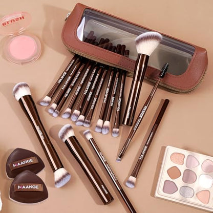 MAANGE Makeup Brush Set 19 PCS Travel Makeup Brushes Eyeshaowder Powder Concealers Foundation Professional Make Up Brush Set with Case (Coffee) - color: Coffee
