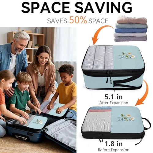 Custom 6 Set Compression Packing Cubes for Travel, Personalized Lightweight Luggage Organizer Bags with Birth Flower, Expandable Large Expandable Packing Organizer, Blue Pinks Purple - color: Light Blue