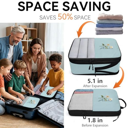 Custom 6 Set Compression Packing Cubes for Travel, Personalized Lightweight Luggage Organizer Bags with Birth Flower, Expandable Large Expandable Packing Organizer, Blue Pinks Purple - color: Light Blue