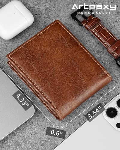 Artpaxy Mens Wallet Genuine Leather Bifold RFID Blocking Wallet for Men with 1 ID Window 13 Card Holders 2 cash pockets 1 Gift Box - color: Brown
