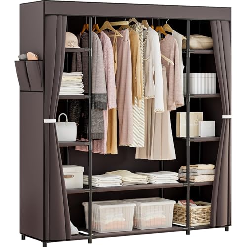 SORCEDAS Portable Closet Wardrobe Organizer Storage with Cover Non-Woben Fabric Portable Wardrobe Closet for Hanging Clothes Racks Shelving 33 Inch for Bedroom, Blue (Coffee, 59Inch) - color: Coffee, size: 59Inch