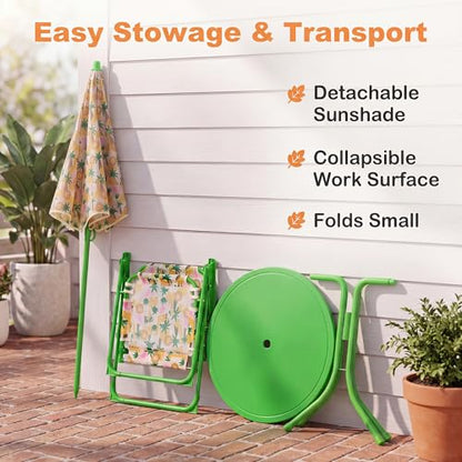 HONEY JOY Kids Picnic Table, Animal Themed Toddler Outdoor Table and Chair Set, 2 Folding Chairs & Removable Umbrella, Children Outdoor Furniture for Backyard Patio Garden (Green Lion) - color: Green Lion