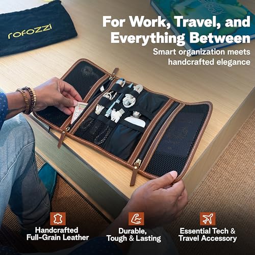 rofozzi Leather Tech Pouch, Passport Holder for Travel, Cables Organizer Roll, Mesh Zippered Pockets for USB Drive, Phone, Battery, SD Card, SIM Card
