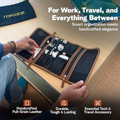 rofozzi Leather Tech Pouch, Passport Holder for Travel, Cables Organizer Roll, Mesh Zippered Pockets for USB Drive, Phone, Battery, SD Card, SIM Card