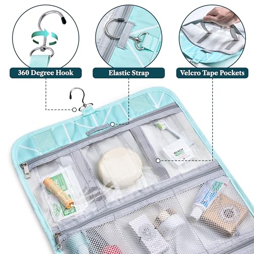 PAVILIA Hanging Toiletry Bag for Women Men, Large Foldable Toiletries Organizer with Hook, Water-Resistant Makeup Cosmetic Rollup Case, Clear Pockets for Bathroom, Gym, Cruise (Teal Chevron) - color: Teal Chevron