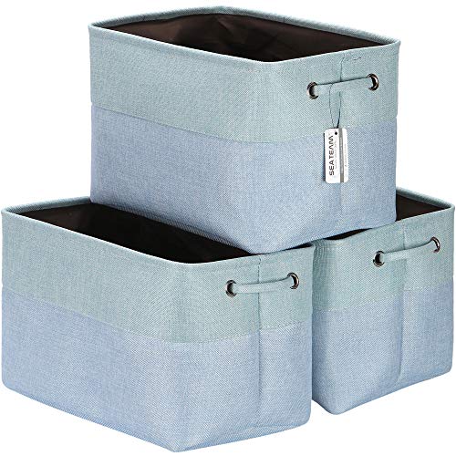 Sea Team 3-Pack Large Storage Basket Set, Trunk Organizer, Clothes Toys Bin, 15 x 10 x 10 Inches, Big Rectangular Canvas Fabric Collapsible Shelf Box with Handles for Kids Room (Babyblue/Mint) - color: Babyblue/Mint, size: Medium/15 x 10 x 10"