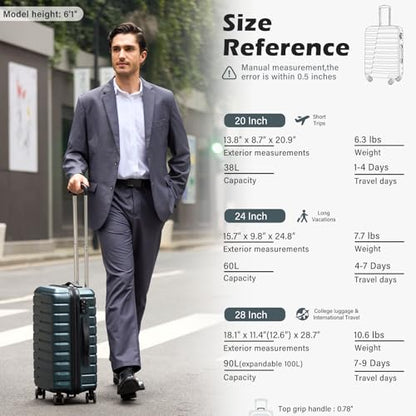 Coolife Medium Checked Luggage with Spinner Wheels, Hardside Suitcase TSA Lock Lightweight Travel Luggage 24-inch,Teal Blue - color: Teal blue, size: Medium(24in)