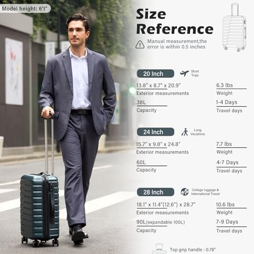 Coolife Expandable Large Checked Luggage with Spinner Wheels, Hard Shell Suitcase TSA Lock Rolling Travel Luggage 28-inch,Teal Blue - color: Teal blue, size: Large(28in)