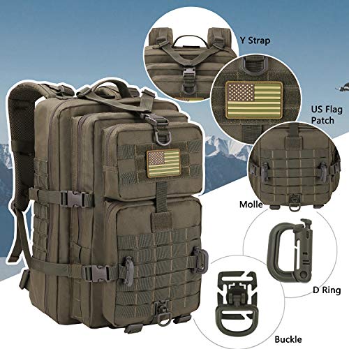 Hannibal Tactical MOLLE Assault Backpack, Tactical Backpack Military Army Camping Rucksack, 3-Day Pack Trip w/USA Flag Patch, D-Rings, Olive - color: Olive