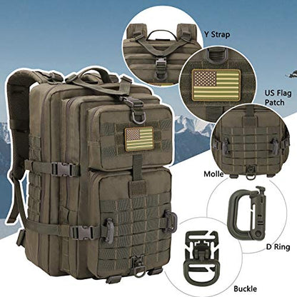 Hannibal Tactical MOLLE Assault Backpack, Tactical Backpack Military Army Camping Rucksack, 3-Day Pack Trip w/USA Flag Patch, D-Rings, Olive - color: Olive