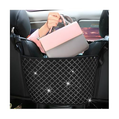zipelo Bling Car Net Pocket Handbag Holder, Rhinestone Vehicle Backseat Purse Organizer Between Seats, Diamond Hanging Storage Bag Barrier of Pet Kids, Universal Automotive Accessories (Black) - color: Black