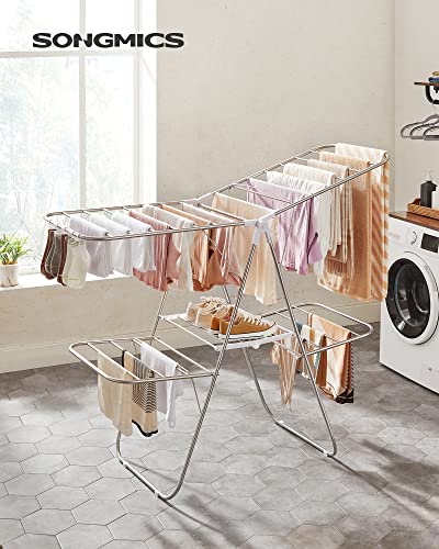 SONGMICS Clothes Drying Rack, Foldable 2-Level Laundry Drying Rack, Free-Standing Laundry Airer, with Height-Adjustable Wings, 33 Drying Rails, Sock Clips, Silver and White ULLR053W01V1 - color: Silver + White, size: 2 Tiers（22"d x 61.8"w x 64.3''h )
