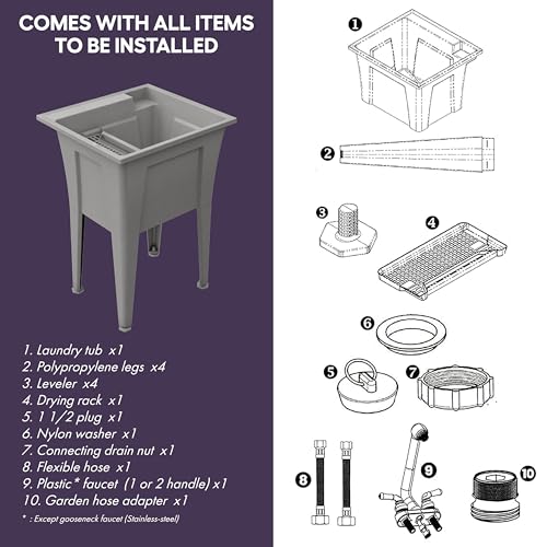 Freestanding Utility Sink with Two Handle Chrome Faucet - 24" Plastic Utility Sink for Garage, Laundry, Indoor and Oudoor Use - Laundry Tub Kit by Noah William Home - Grey (19.5 gal) - color: Grey - Two handle chrome faucet
