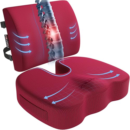 FORTEM Seat Cushion, Office Chair Cushion, Lumbar Support Pillow for Office Chair, Memory Foam Car Seat Cushions, Sciatica Coccyx Tailbone Pain Relief, Cushions for Back Support, Washable, Non Slip XL - color: Red Mesh, size: X-Large