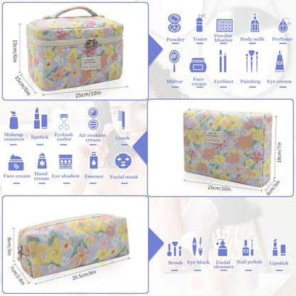 Gosect 3pc Makeup Bag Set, Quilted Makeup Bag Set, Large Floral Cosmetic Bag for Women, Cute Cotton Makeup Bags, Flower Travel Toiletry Organizer Bag (Large Flower) - color: Big Flower