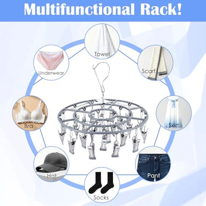 2 Pack Clothes Drying Rack with 24 Clips, Stainless Steel Clothes Drying Hanger, Swivel Windproof Round Dry Rack, Heavy Duty Underwear Hanger for Indoor Outdoor Wet and Dry (Grey)
