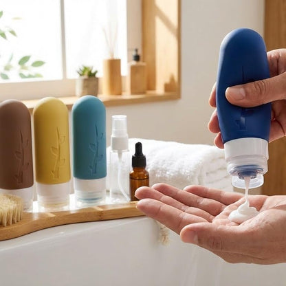 DEPOZA Travel Bottles Kit (16 Pack) - TSA Approved, Leak Proof Silicone Squeezable Containers for Toiletries. Complete Set with Jars, Sprayers & Bag (Dark blue) - color: Dark blue
