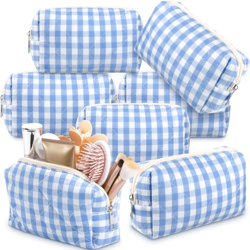 Paterr 6 Pcs Quilted Makeup Bag Bulk Floral Bow Cotton Cosmetic Bag Women Girls Gifts for Bridesmaids Wedding Birthday Coquette Aesthetic Cottagecore Travel Toiletry Pouch(Plaid,Blue) - color: Blue, style: Plaid
