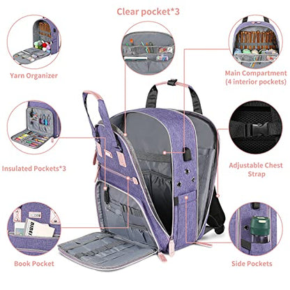 SINVICKO Crochet Bag, Knitting Bag Backpack and Totes Organizer with USB Charging Port, Large Yarn Storage Tote Bag - color: Purple