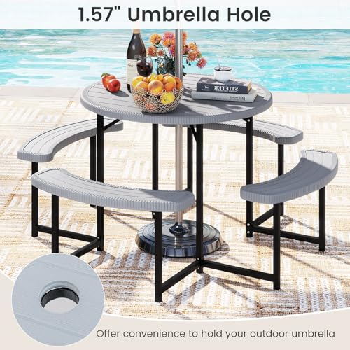 Tangkula 8 Person Picnic Table, HDPE Outdoor Round Table and Bench Set with 4 Built-in Benches, Umbrella Hole, Metal Frame for Garden Yard Patio Lawn - color: Grey