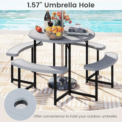 Tangkula 8 Person Picnic Table, HDPE Outdoor Round Table and Bench Set with 4 Built-in Benches, Umbrella Hole, Metal Frame for Garden Yard Patio Lawn - color: Grey