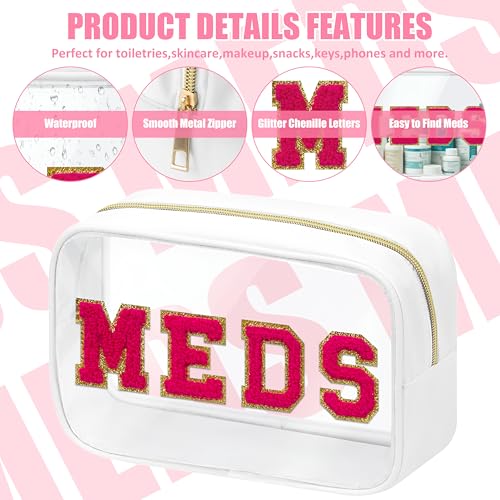 BuyCard Clear Meds Chenille Letter Nylon Makeup Bag - Portable Preppy Patch Cosmetic Toiletry Travel Storage Medicine Bag With Zipper for Women Girls White - color: MEDS-White, style: 1 Pcs-clear