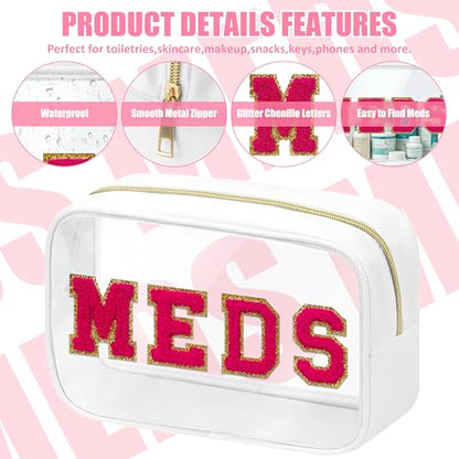 BuyCard Clear Meds Chenille Letter Nylon Makeup Bag - Portable Preppy Patch Cosmetic Toiletry Travel Storage Medicine Bag With Zipper for Women Girls White - color: MEDS-White, style: 1 Pcs-clear