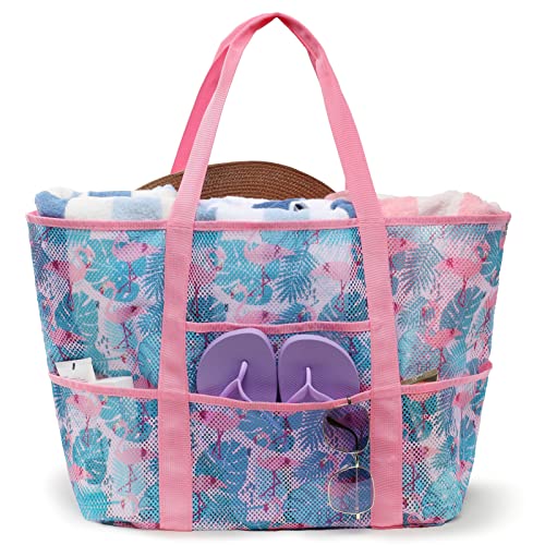 F-color Mesh Beach Bag Family - Large Tote Bag 9 Pockets for Swim Pool Toys Cruise Beach Vacation Essentials - color: Flamingo, size: Large with Mesh Bottom