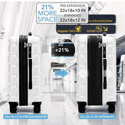 Flight Knight 22x18x10 Expandable Carry On Suitcase Hardside TSA Lock & USB C Port Lightweight Luggage Silent Double Spinner Wheels Maximum Spirit Overhead Carry-On Bag Airlines Approved White - color: White, size: 22x18x10"