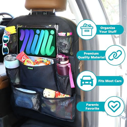 PIDO Backseat Car Organizer, Car Seat Organizer for Kids with Touch Screen Tablet Holder and 8 Pockets, Automotive Seat Back Kick Mat Made with Heavy Duty Fabric, Road Trip Essentials, 2 Pack