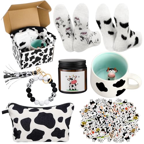 Honeydak Cow Gifts Set for Women Cow Printed Accessories Includes Makeup Bag Gift Box Cute Socks Keychain Mug Scented Candle Stickers for Christmas and Birthday Party Gifts - style: Cow