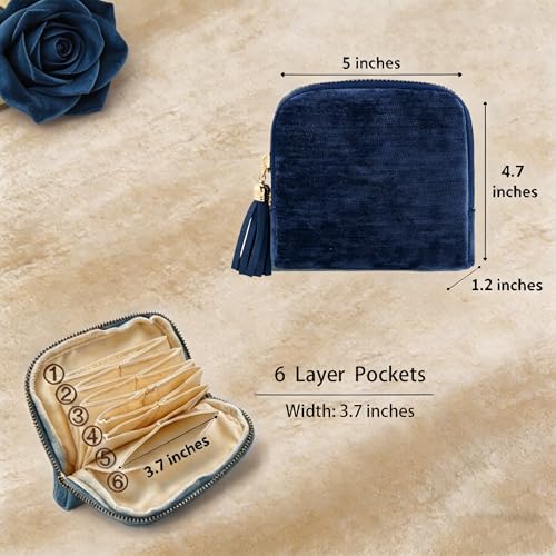 Small Travel Jewelry Case for Women, 6-Layer Velvet Organizer Pouch with Zipper, Anti-Scratch Portable Bag for Bracelets, Rings, Earrings & Necklaces (Ocean Blue) - color: Ocean Blue
