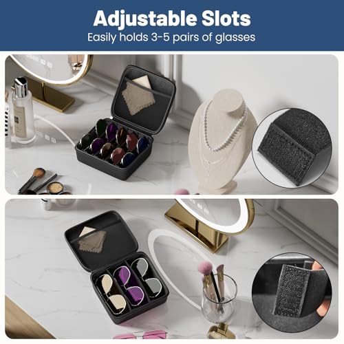 Travel Sunglasses Organizer, Hard Shell Sunglass Case Adjustable Slots for Multiple Sunglass Eyeglass Case - style: Black + 5 Slots