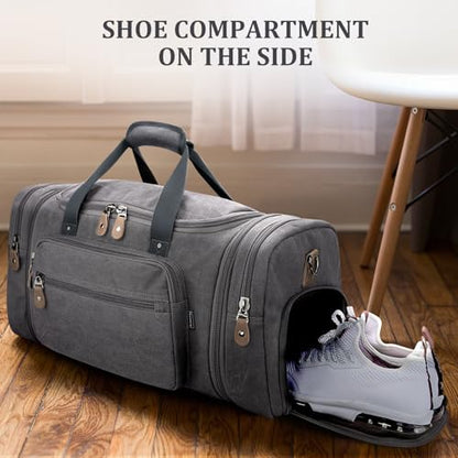 Gonex Canvas Duffle Bag 60L Travel Duffel Overnight Weekend Bag with Shoe Compartment (Gray) - color: Grey, size: X-Large-60L (With Shoe Compartment)