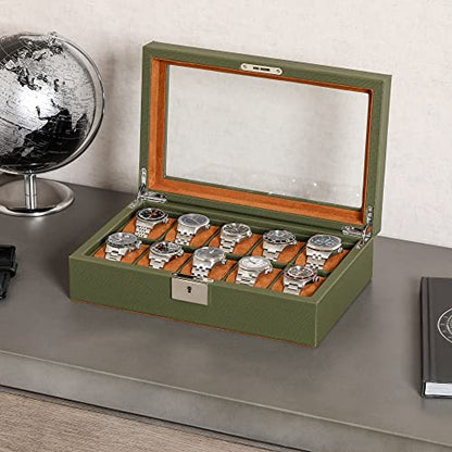 ROTHWELL 10 Slot Leather Watch Box - Luxury Case Display Jewelry Organizer - Locking Watch Display Case Holder with Large Glass Top - Box Organizer for Men and Women (Green/Tan) - color: Green / Tan