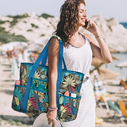 Becokan Beach Bags for Women Large Beach Tote Bag with Zipper Pockets Beach Bag Waterproof Sandproof Travel Nurse Tote Bag - color: Leaves