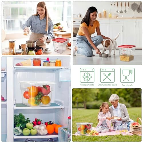 Lallisa 4 Pcs 8qt & 4qt Clear Food Storage Containers with Lids Handles and Scales, Stackable Plastic Square Food Storage Containers for Dough Proofing Baking Kitchen Restaurant(White, Red) - color: White, Red