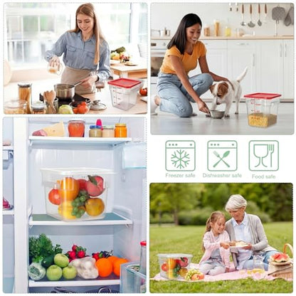 Lallisa 4 Pcs 8qt & 4qt Clear Food Storage Containers with Lids Handles and Scales, Stackable Plastic Square Food Storage Containers for Dough Proofing Baking Kitchen Restaurant(White, Red) - color: White, Red